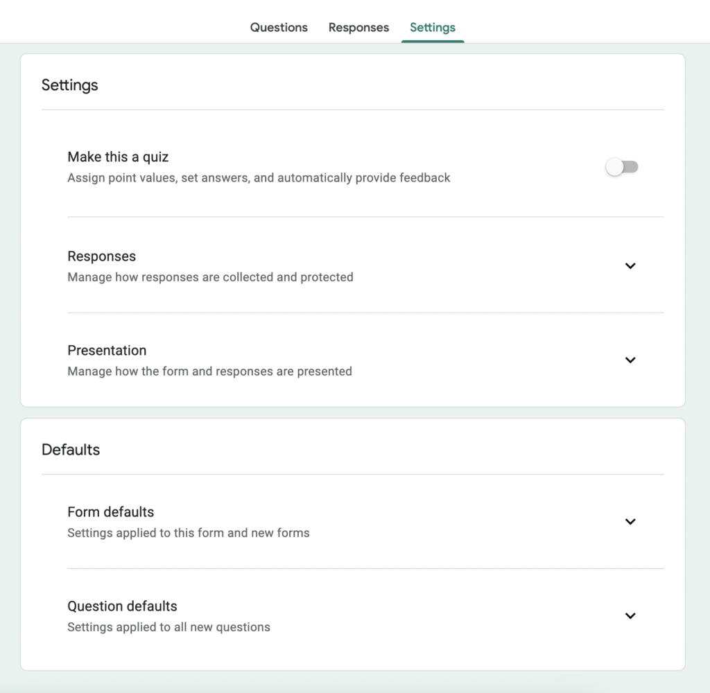 Google forms settings