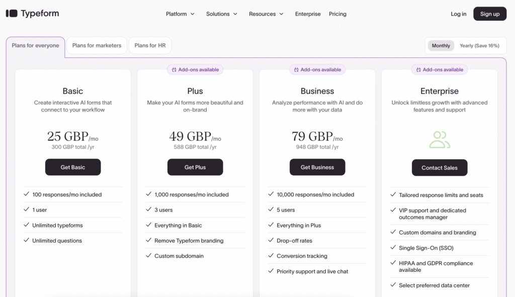 Typeform pricing